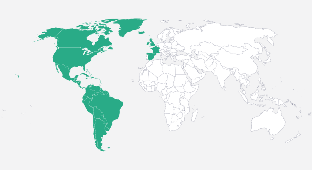 A world map with the following locations highlighted: South America, North America, Greenland, Iceland, Ireland, the United Kingdom, France, and Spain.