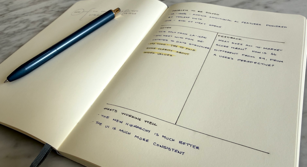 A notebook open to a page of notes from a design critique. The page is divided into four sections: 1. Problem to be solved, 2. Notes, 3. Feedback, and 4. What’s working well.