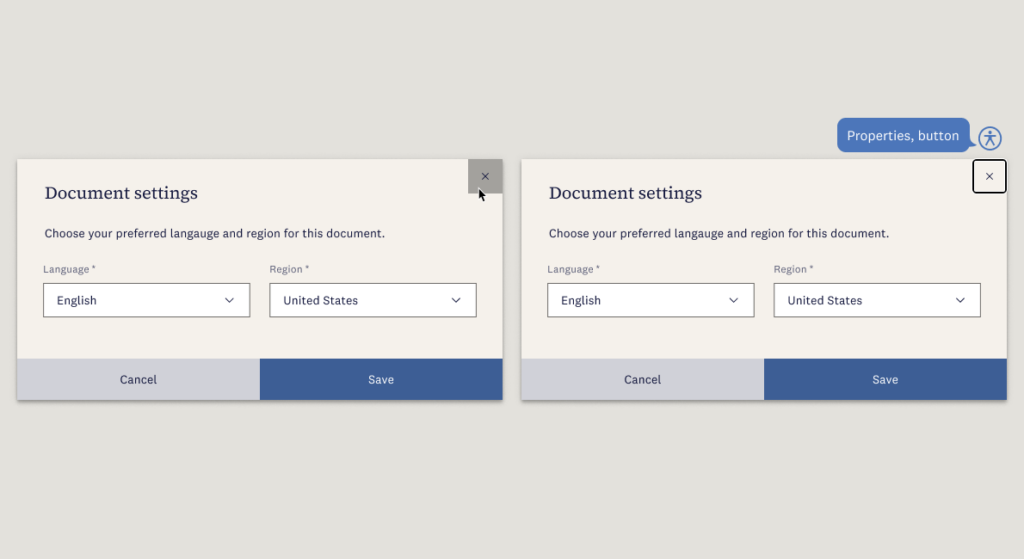 An illustration showing a modal in two states: one with a user hovering over the close button, and one with the close button in focus, but the screen reader incorrectly identifying it as the properties button.