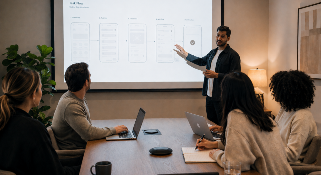 A man standing at the front of a business conference room presenting his screen and speaking about the mobile design task flow he is presenting. Four colleagues look on.