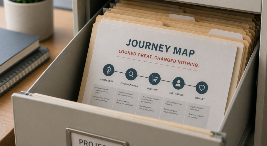 A journey map in an open file drawer. The journey map is titled “Journey Map. Looked great. Changed nothing.”
