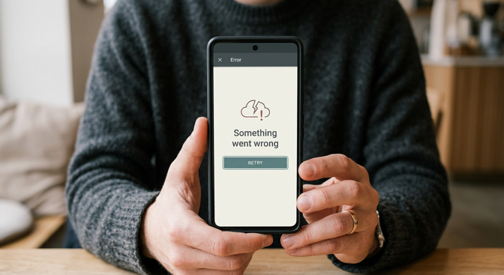 A photo of a person holding a phone with the screen facing the camera. The screen reads “Something went wrong” and has a “Retry” button. The photo is cropped so the emphasis is on the phone, not the person.