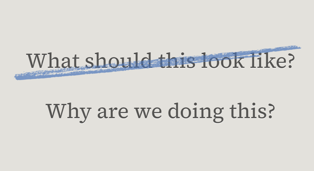 An illustration showing the phrase “What should this look like?” crossed out, and below it, “Why are we doing this” is written.